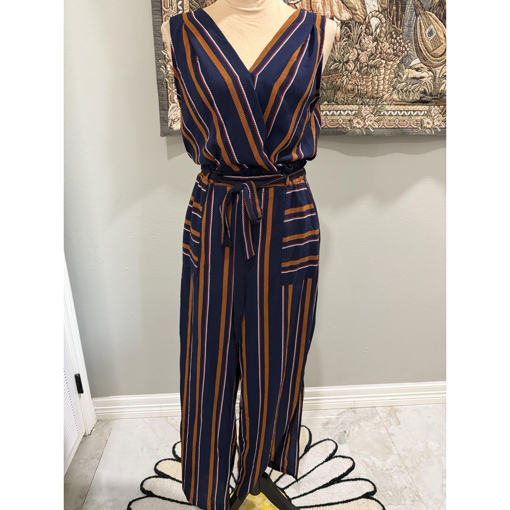Monteau Jumpsuit Juniors XS Blue Striped V Neck Sleeveless Belted Wide Leg